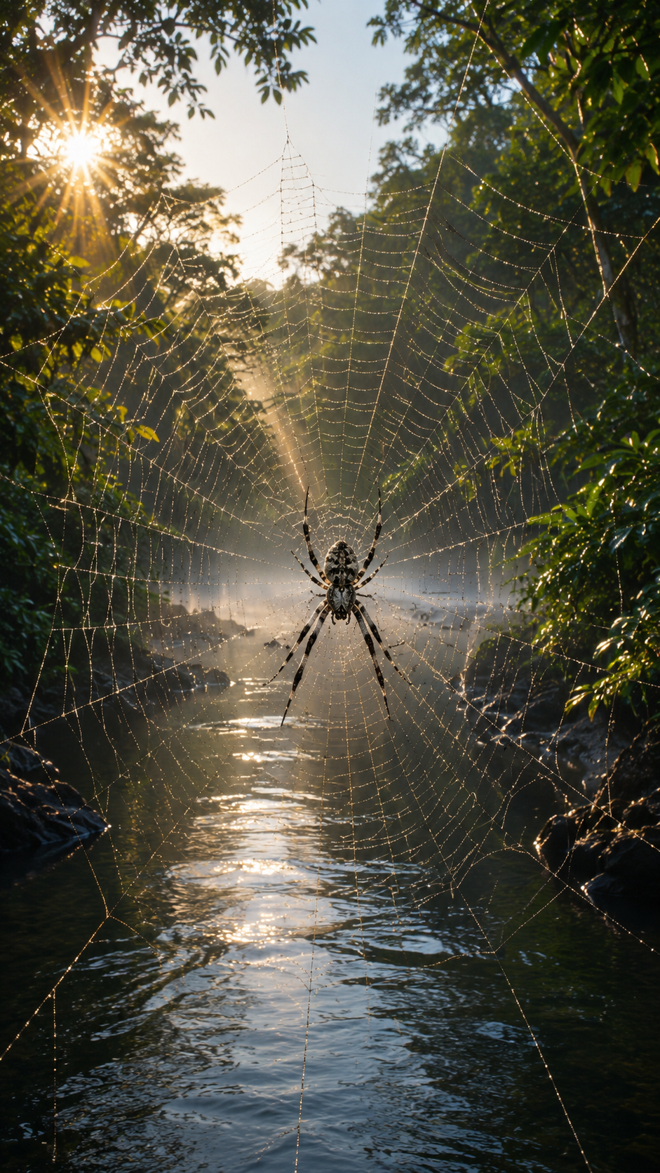 マダガスカルの熱帯雨林を流れる川の上でダーウィンズバークスパイダーが巨大な円網の中心に静かにぶら下がり、朝日に輝く強靭な糸が対岸まで張り巡らされている様子