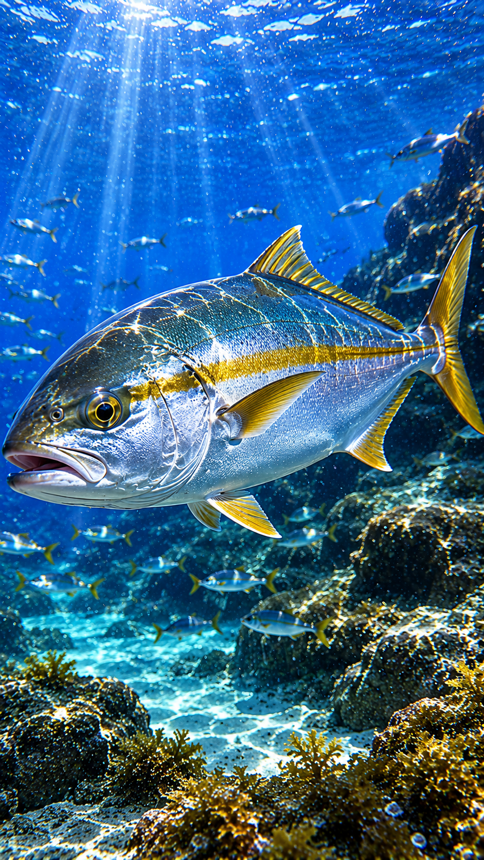 黒潮の海を泳ぐ大型のカンパチ。黄金色の帯と力強い体が特徴の高級回遊魚。