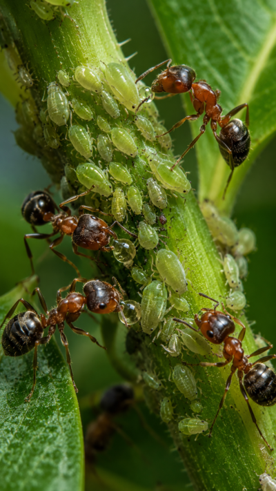 植物の茎でアブラムシから甘露を受け取りながら群れを守るアリ