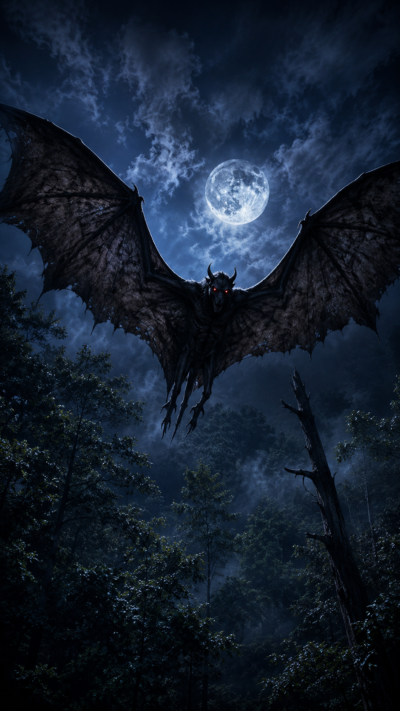 夜の森の上空を巨大な翼で飛ぶ悪魔のような姿をした伝説のUMAジャージーデビル