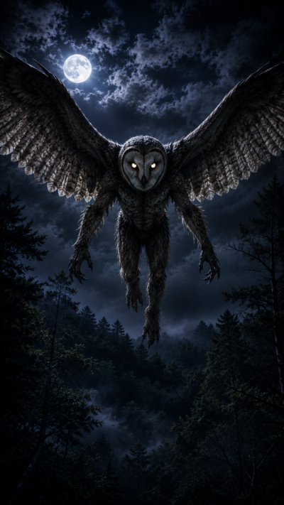 夜の森の上空を巨大な翼で飛ぶフクロウの顔をした伝説のUMAオウルマン