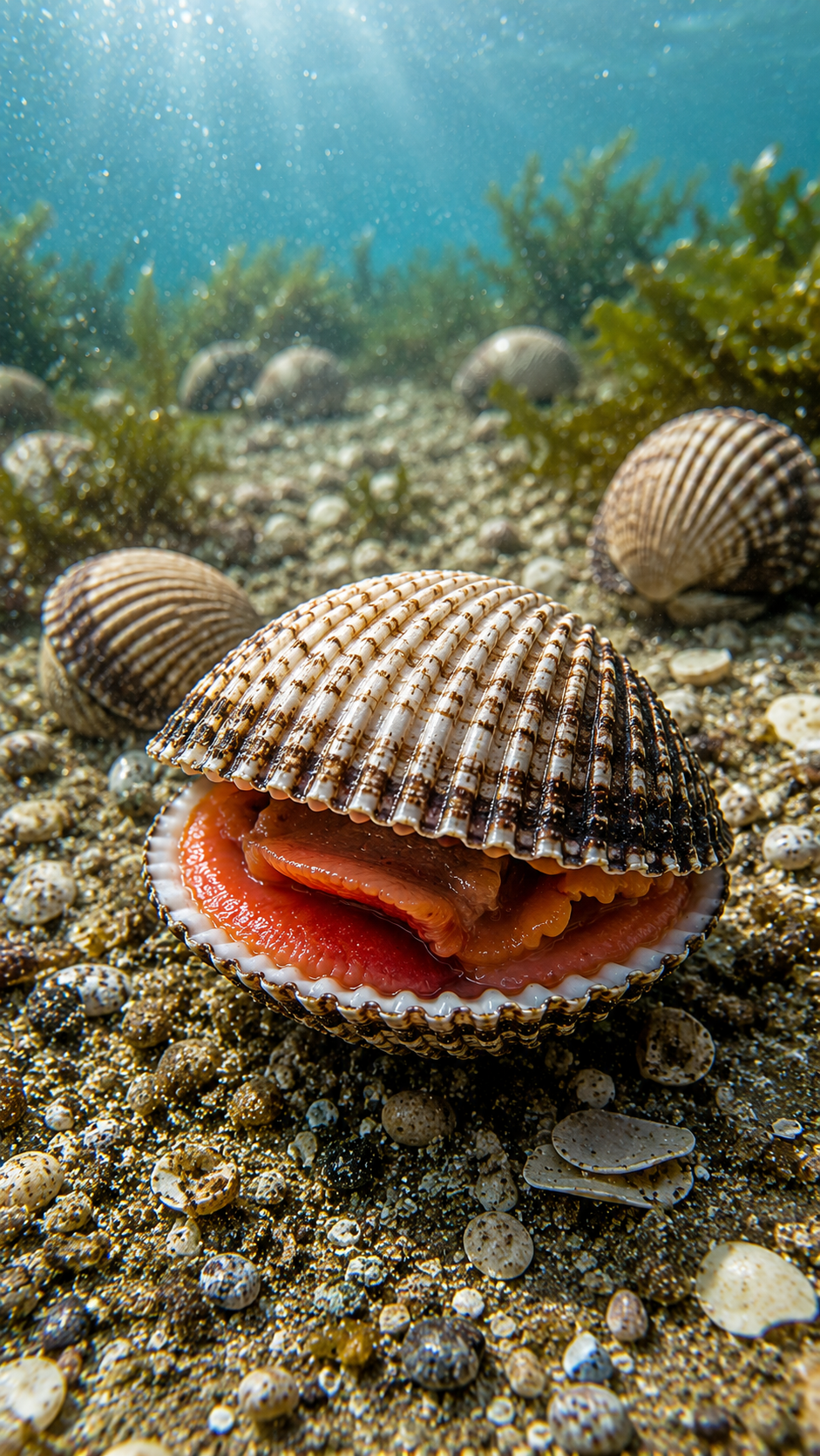 砂泥底に生息するアカガイ。赤い血液と独特な殻模様を持つ高級二枚貝。