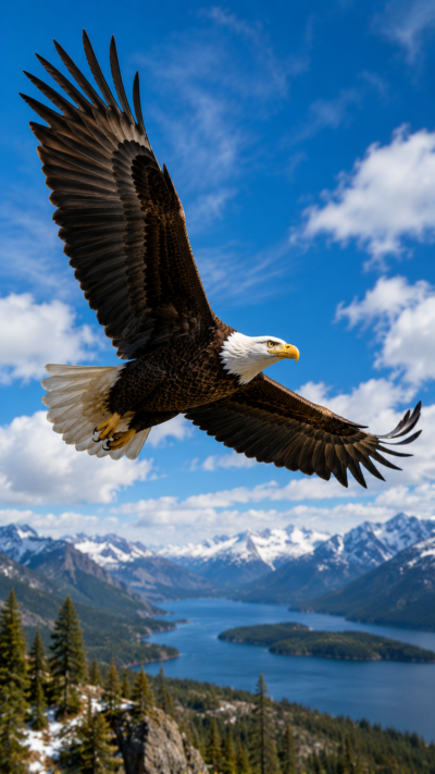 大きな翼を広げて飛翔するハクトウワシ。北アメリカを代表する大型猛禽。