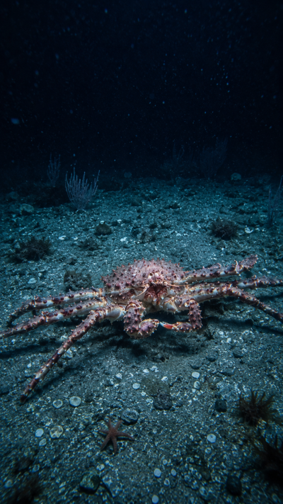オホーツク海の海底を歩く巨大なタラバガニ
