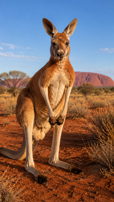 オーストラリアの赤い大地に立つアカカンガルー