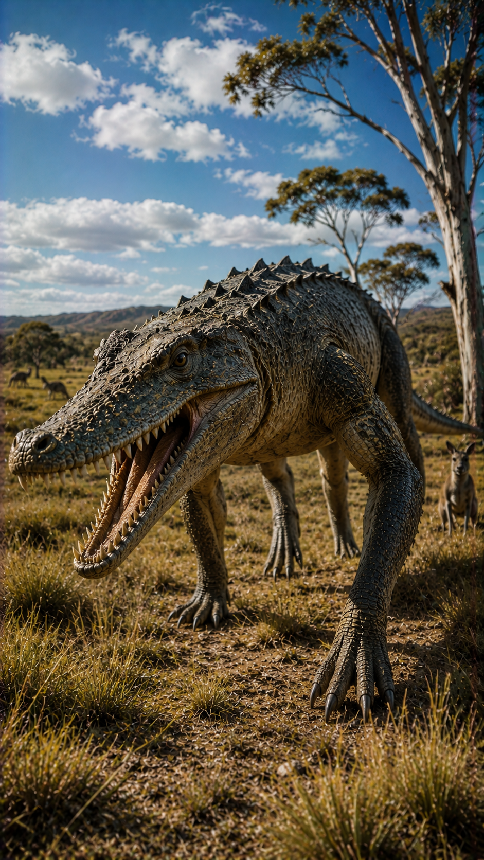 古代オーストラリアの草原で長い脚と鋸歯状の歯を見せながら獲物を狙うクインカナ