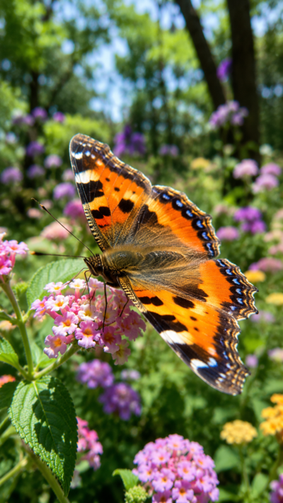 花咲く森で鮮やかな翅を広げながら花の蜜を吸うタテハチョウ