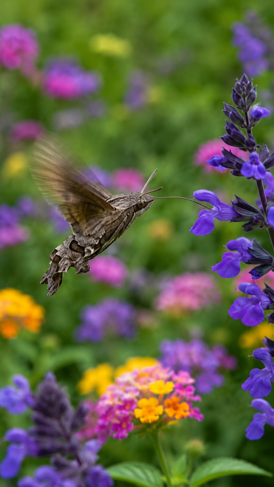 花畑で空中停止しながら長い口吻を伸ばして花の蜜を吸うホシヒメホウジャク