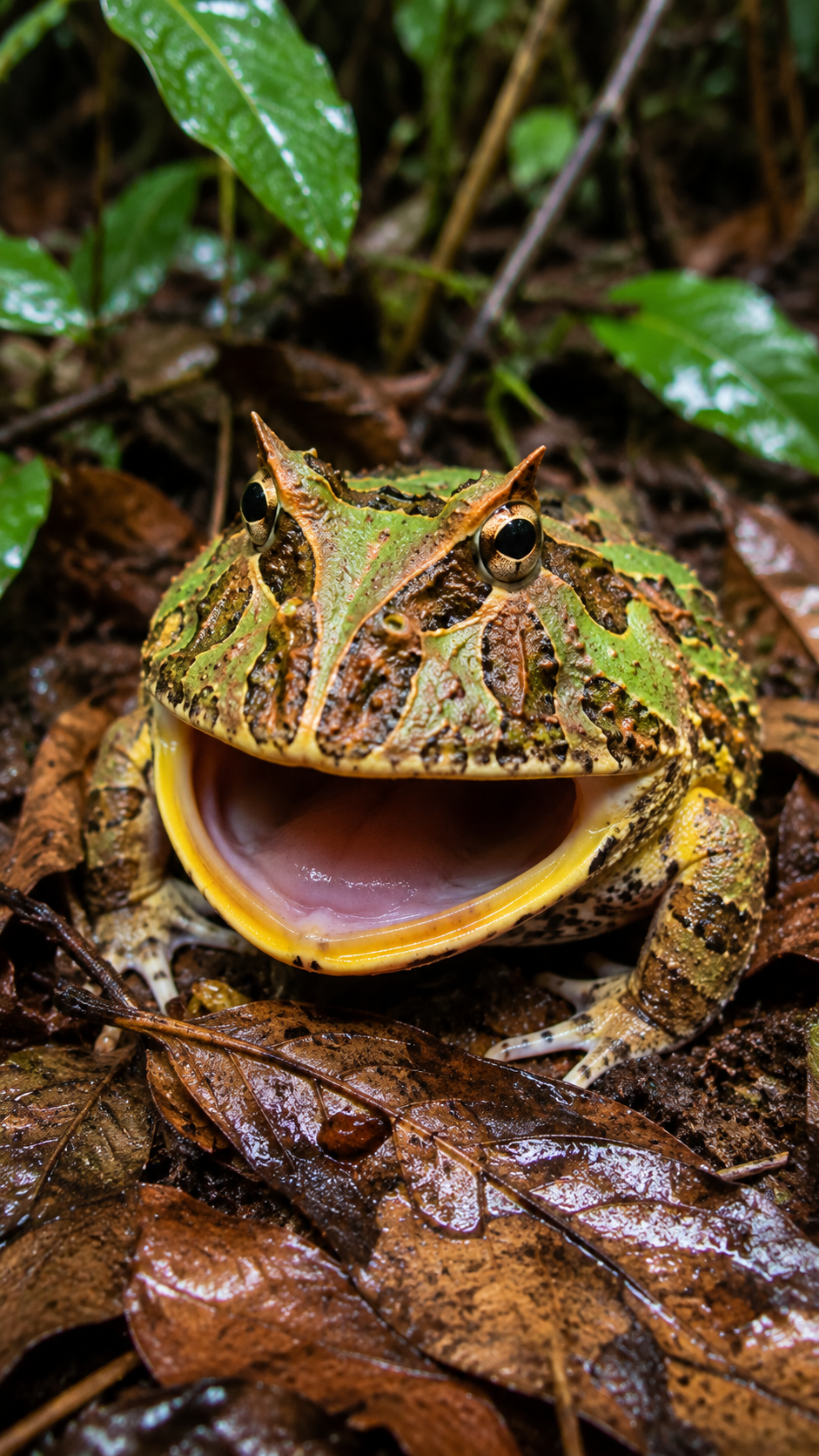 南アメリカの熱帯雨林の落ち葉に擬態し巨大な口を開いて獲物を待つツノガエル