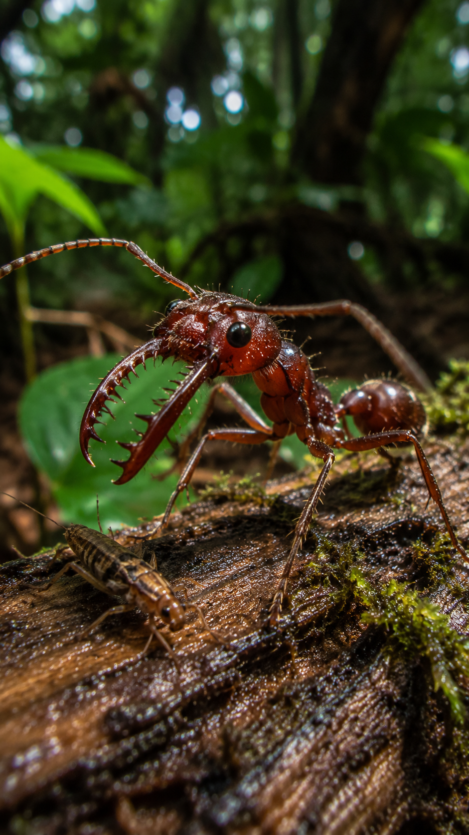 熱帯雨林の朽ち木の上で巨大なアゴを構え獲物を狙うドラキュラアリ