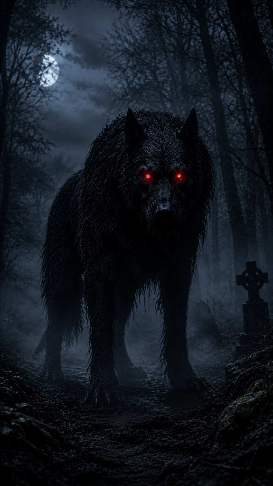 霧に包まれた夜の森で赤く光る目を輝かせながら立つ巨大な黒い魔犬ブラックドッグ