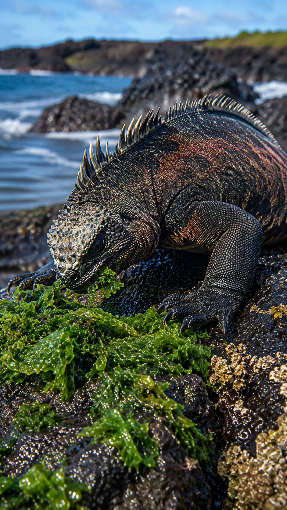 ガラパゴスの岩場で海藻を食べるウミイグアナ