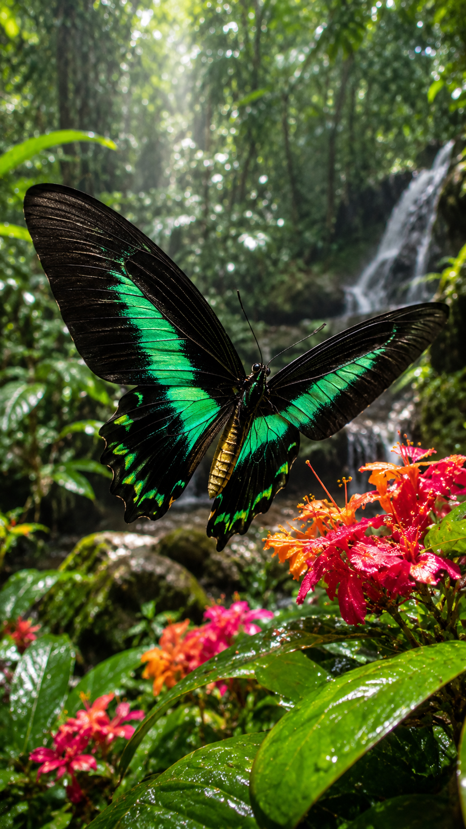 パプアニューギニアの熱帯雨林で巨大な黒とエメラルドグリーンの美しい翼を大きく広げたアレクサンドラトリバネアゲハが、色鮮やかな花々の上を優雅に舞いながら蜜を求めて飛翔している様子