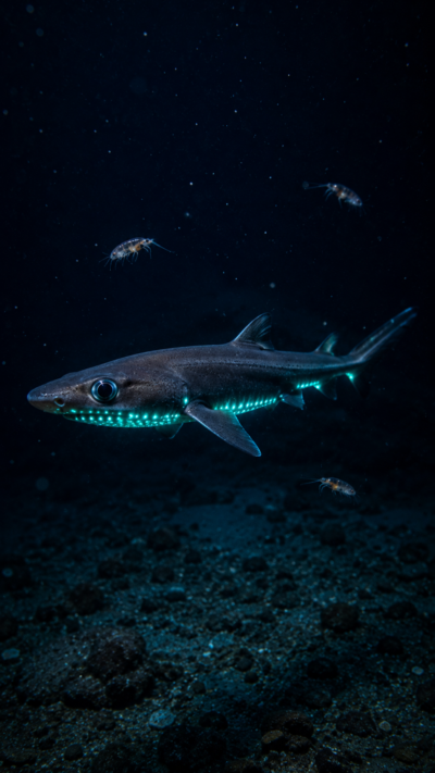 カリブ海の深海で青緑色の発光器官をほのかに輝かせたドワーフランタンシャークが、暗闇に包まれた海中を静かに泳ぎながら小さな甲殻類を探している様子
