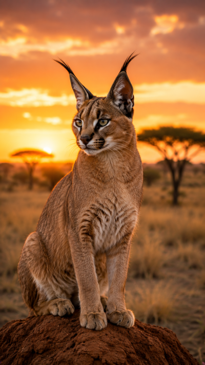 夕暮れのサバンナで岩の上に座るカラカル