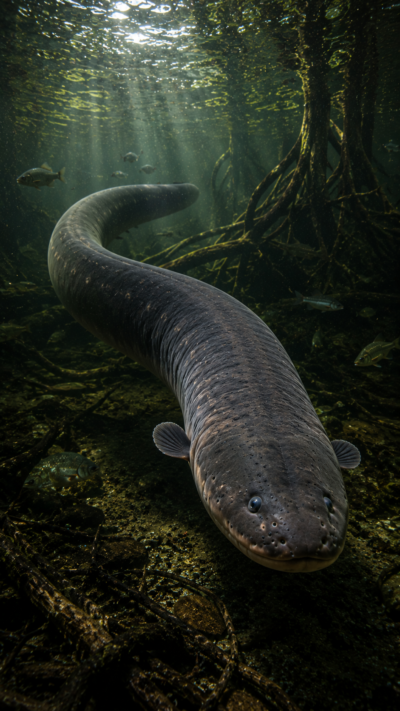 アマゾン川の暗い水中で巨大なデンキウナギが体をくねらせながら泳ぎ、獲物を探している様子