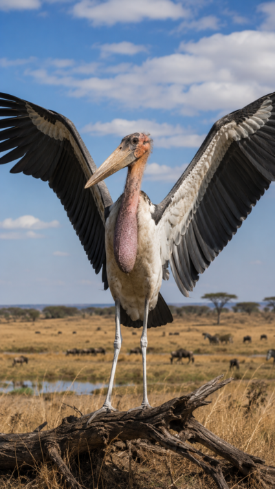 アフリカのサバンナで巨大な翼を広げながらたたずむアフリカハゲコウ