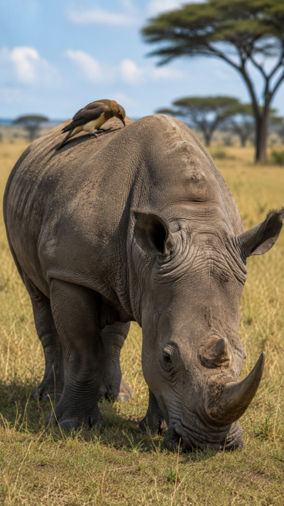 アフリカのサバンナでサイの背中にとまり寄生虫をついばむウシツツキ