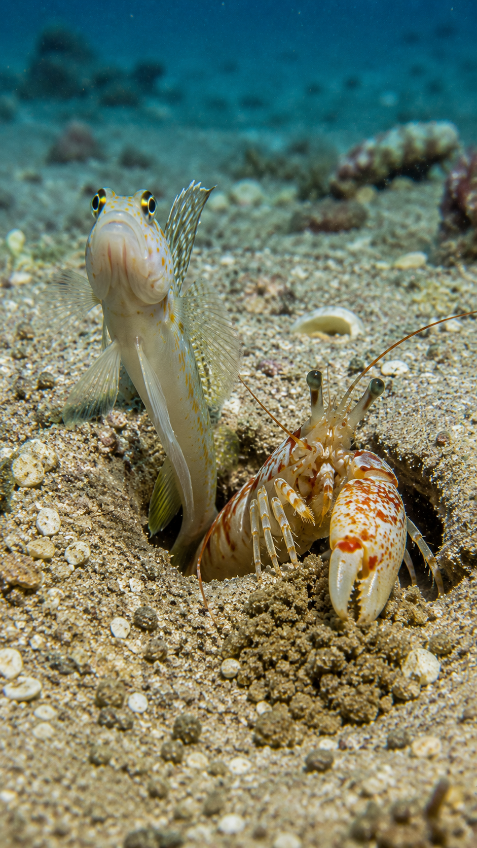 砂地の海底で巣穴の入口に立つハゼと、その横で巣穴を掘るテッポウエビ