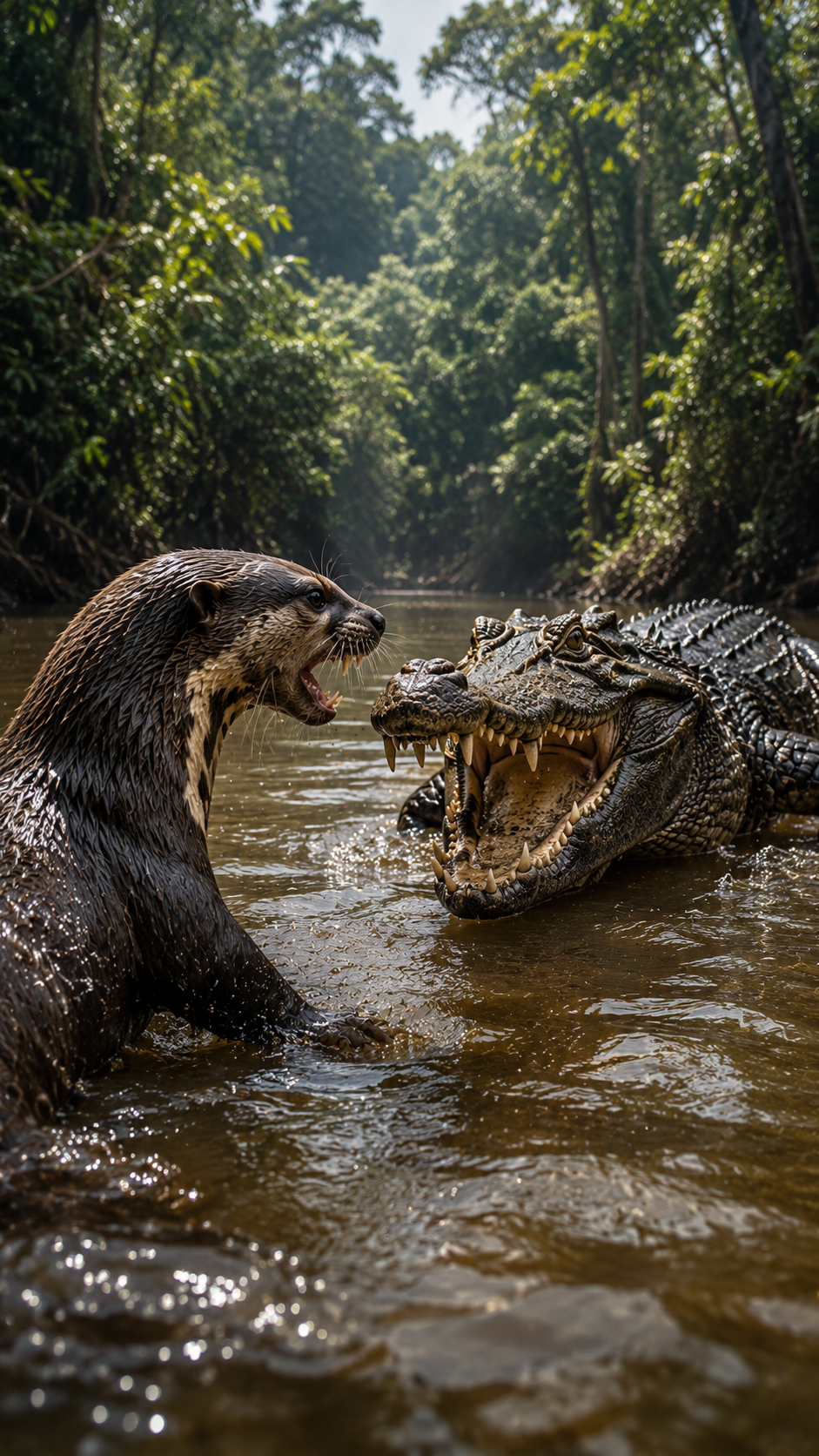 オオカワウソとクロカイマンがアマゾンの川で対峙する決戦のイメージ。