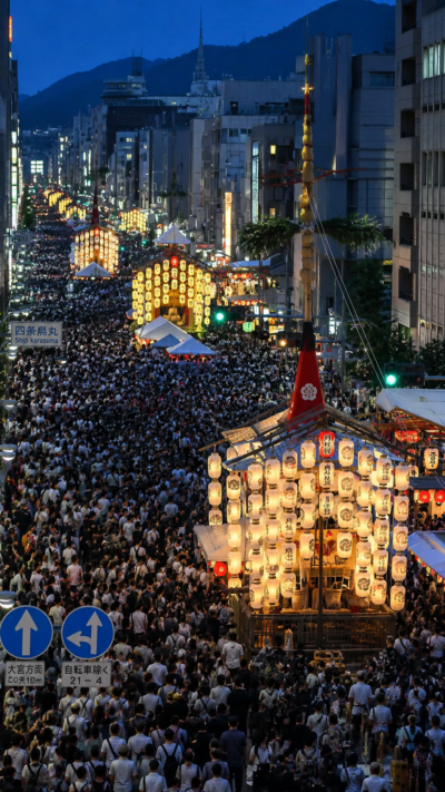 豪華絢爛な山鉾が京都の町並みを巡行する祇園祭の華やかな風景