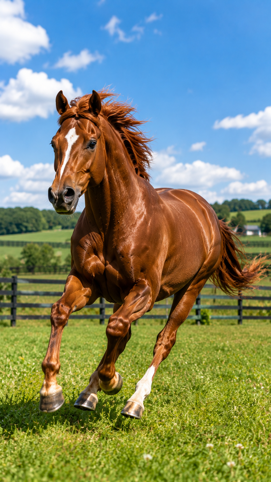 青空の下、広大な競馬場を全力で駆け抜ける美しい栗毛のサラブレット