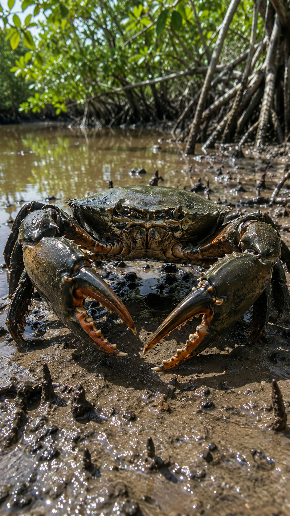 巨大なハサミを持つノコギリガザミが、マングローブ沿岸の泥底を歩く様子。