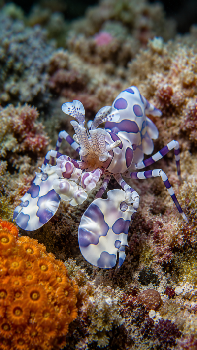 白と紫の模様を持つフリソデエビが、サンゴ礁の海底を歩く様子。