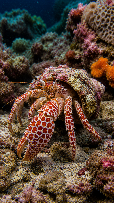 赤と白の網目模様を持つアミメオニヤドカリが、岩礁の海底を歩く様子。