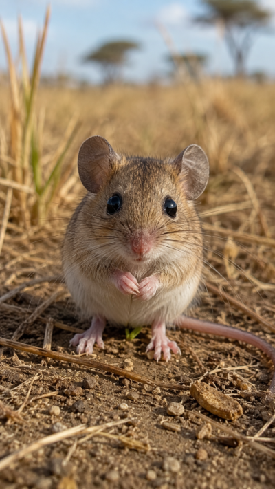 アフリカの草原で小さな前足をそろえ、大きな瞳でこちらを見つめるアフリカコビトネズミ