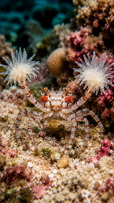 両方のハサミにイソギンチャクを持つキンチャクガニが、サンゴ礁の海底で暮らす様子。