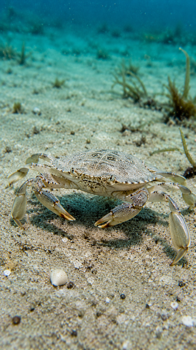 平たい甲羅を持つヒラツメガニが砂地の海底を歩く様子。