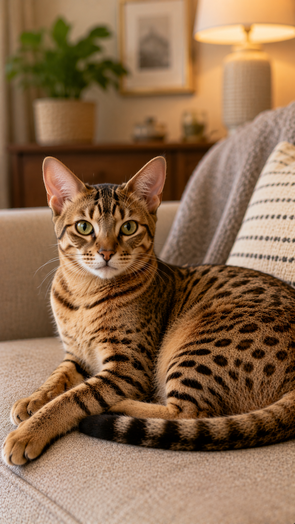 ヒョウのような美しいスポット模様を持つオシキャットが室内でくつろぐ様子