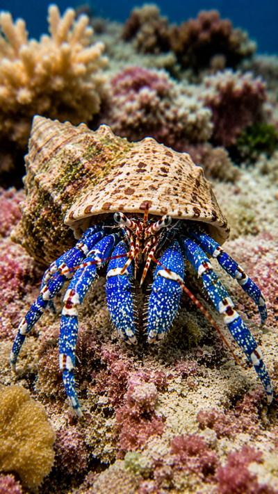 青い脚と白い模様を持つユビワサンゴヤドカリが、サンゴ礁の海底を歩く様子。