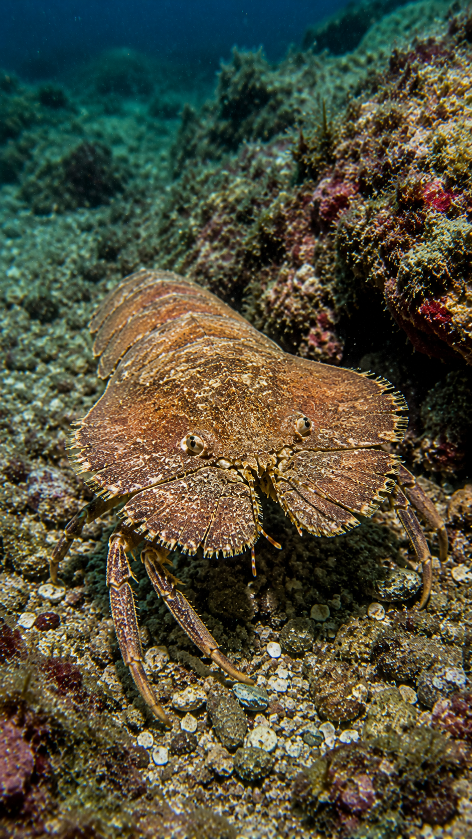 扇形の平たい体を持つウチワエビが岩礁の海底を歩く様子。