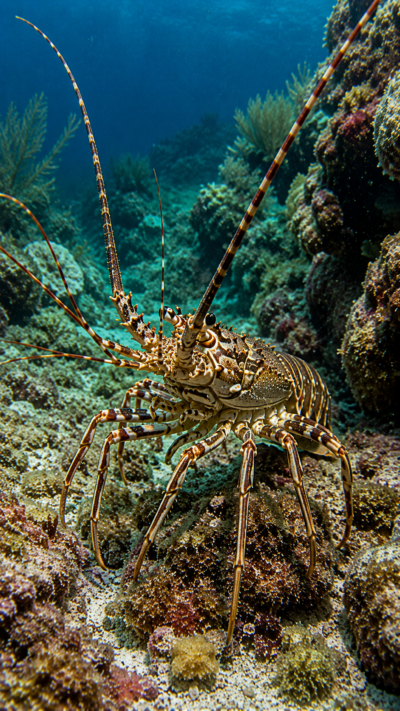 長い触角を持つカリブイセエビがカリブ海の岩礁の海底を歩く様子。