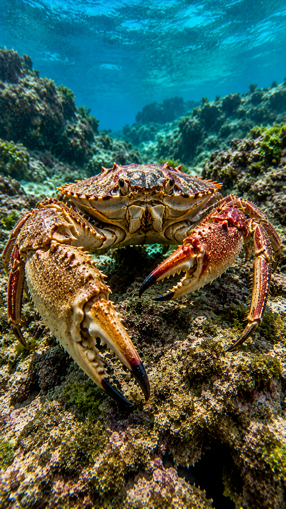 巨大なハサミを持つカリビアンキングクラブがカリブ海の岩礁を歩く様子。