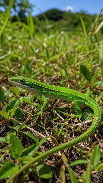 鮮やかな緑色の体と長い尾を持つミヤコカナヘビが宮古島の草むらを歩く様子。