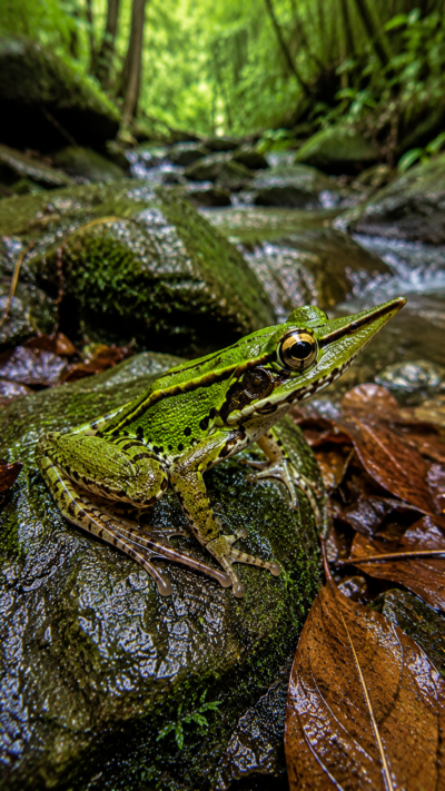 長い鼻先と緑色の体を持つハナサキガエルが沖縄の森林の渓流沿いにいる様子。