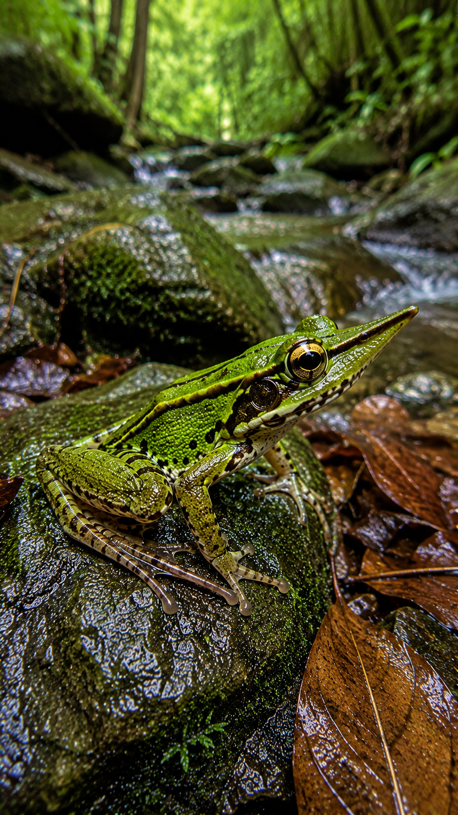 長い鼻先と緑色の体を持つハナサキガエルが沖縄の森林の渓流沿いにいる様子。