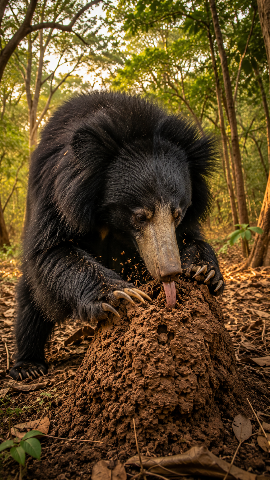 インドの乾燥林で、黒く長い毛並みのナマケグマが鋭い爪でシロアリ塚を壊し、細長い鼻を差し込んで昆虫を吸い込んでいる様子。背景には豊かな森林が広がる迫力ある自然風景。