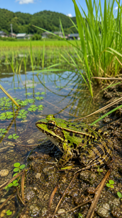 緑と褐色の体を持つトノサマガエルが日本の田園の水辺にいる様子。