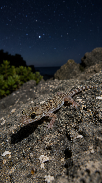 小さな体と大きな目を持つミナミトリシマヤモリが南鳥島の岩場を歩く様子。