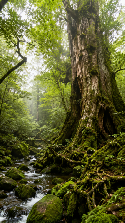 樹齢千年を超える屋久杉と苔むした原生林が広がる屋久島の自然風景。