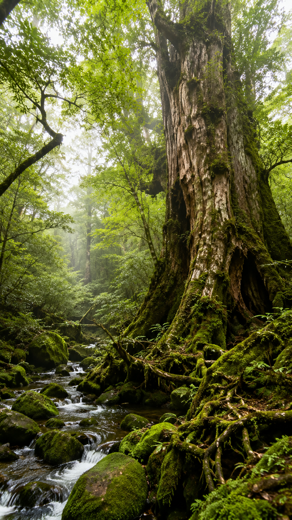 樹齢千年を超える屋久杉と苔むした原生林が広がる屋久島の自然風景。