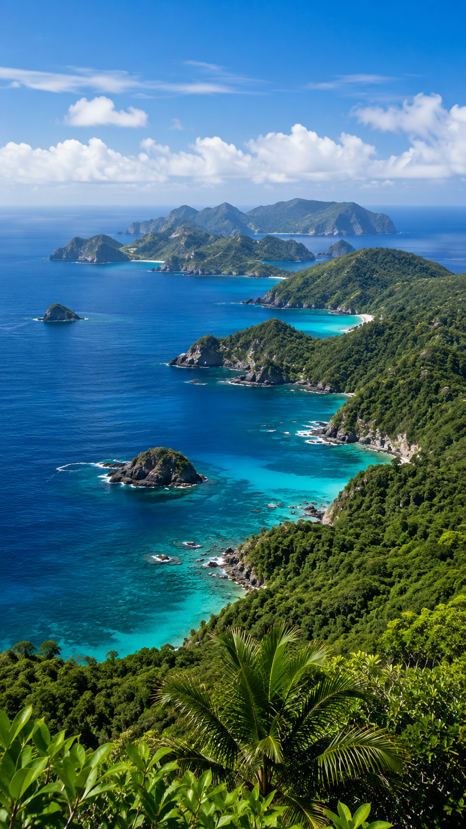 青い海に囲まれた小笠原諸島の島々と亜熱帯の森林が広がる自然風景。