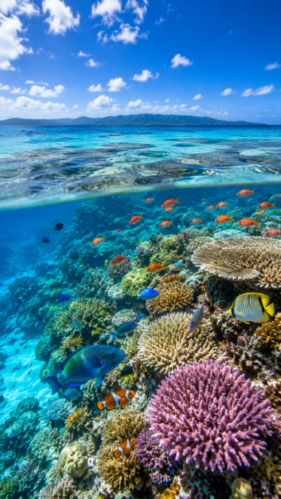 青い海に広がるグレート・バリア・リーフのサンゴ礁と色鮮やかな海洋生態系の風景。