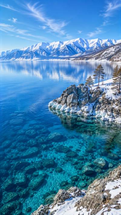 透明な青い湖水と雪に覆われた山々、シベリアの大自然が広がるバイカル湖の風景。