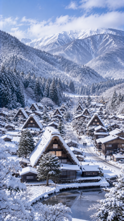 雪に覆われた合掌造りの家々と山々が広がる白川郷の日本の伝統集落風景。