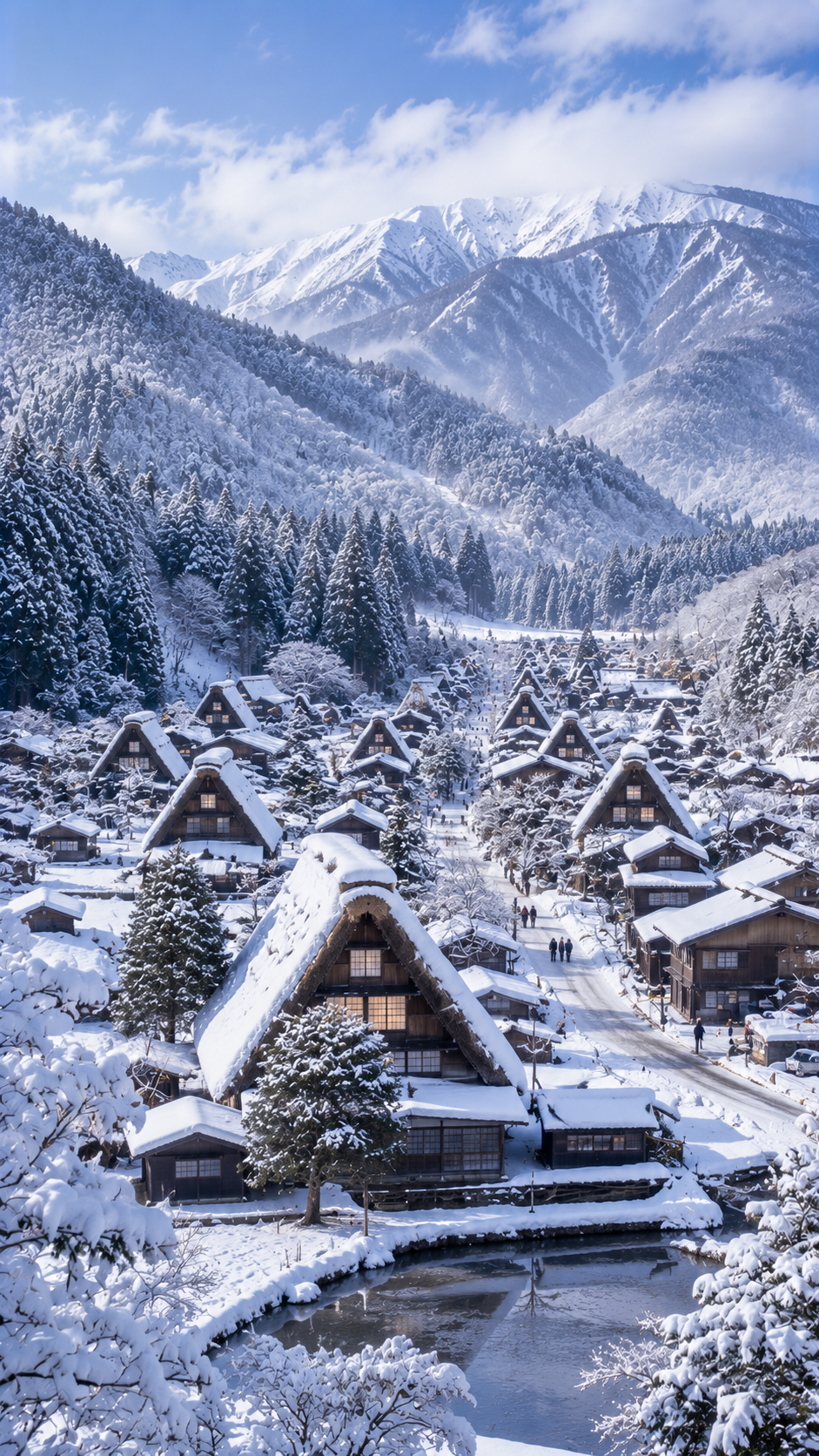 雪に覆われた合掌造りの家々と山々が広がる白川郷の日本の伝統集落風景。
